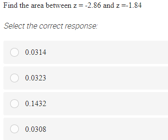 Find the area between z = -2.86 and z=-1.84
Select the correct response:
O 0.0314
O 0.0323
O 0.1432
0.0308
