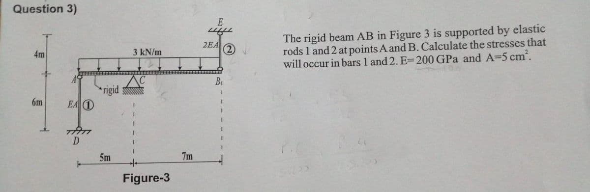 Question 3)
4m
6m
EA 1
TITI
D
F
rigid
5m
3 kN/m
I
Figure-3
7m
E
4464
2EA
B₁
I
I
I
The rigid beam AB in Figure 3 is supported by elastic
rods 1 and 2 at points A and B. Calculate the stresses that
will occur in bars 1 and 2. E-200 GPa and A-5 cm².