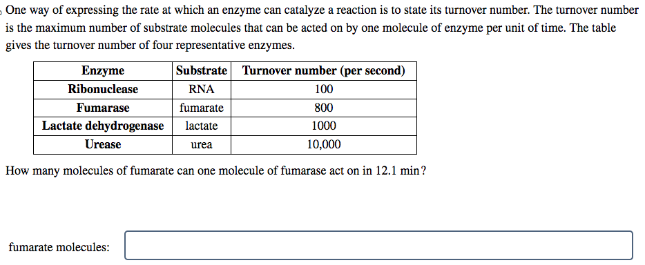 One way of expressing the rate at which an enzyme can catalyze a reaction is to state its turnover number. The turnover number
is the maximum number of substrate molecules that can be acted on by one molecule of enzyme per unit of time. The table
gives the turnover number of four representative enzymes.
Enzyme
Ribonuclease
Fumarase
Lactate dehydrogenase
Urease
Substrate Turnover number (per second)
RNA
100
800
1000
10,000
fumarate molecules:
fumarate
lactate
urea
How many molecules of fumarate can one molecule of fumarase act on in 12.1 min?