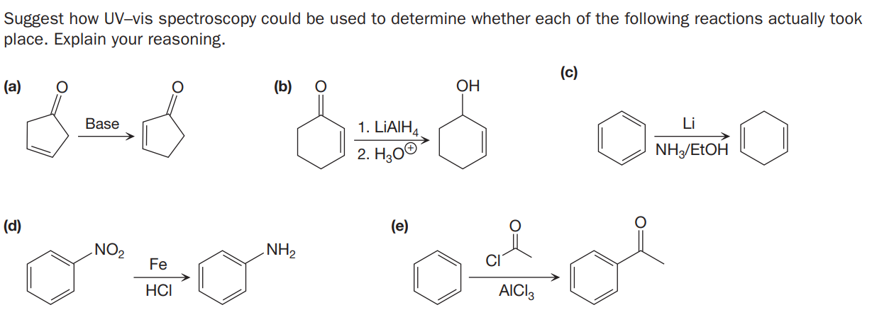 Suggest how UV-vis spectroscopy could be used to determine whether each of the following reactions actually took
place. Explain your reasoning.
(c)
(a)
(b)
ОН
Base
1. LIAIH4.
Li
2. H300
NH/ETOH
(d)
(e)
NO2
NH2
Fe
HCI
AICI3
