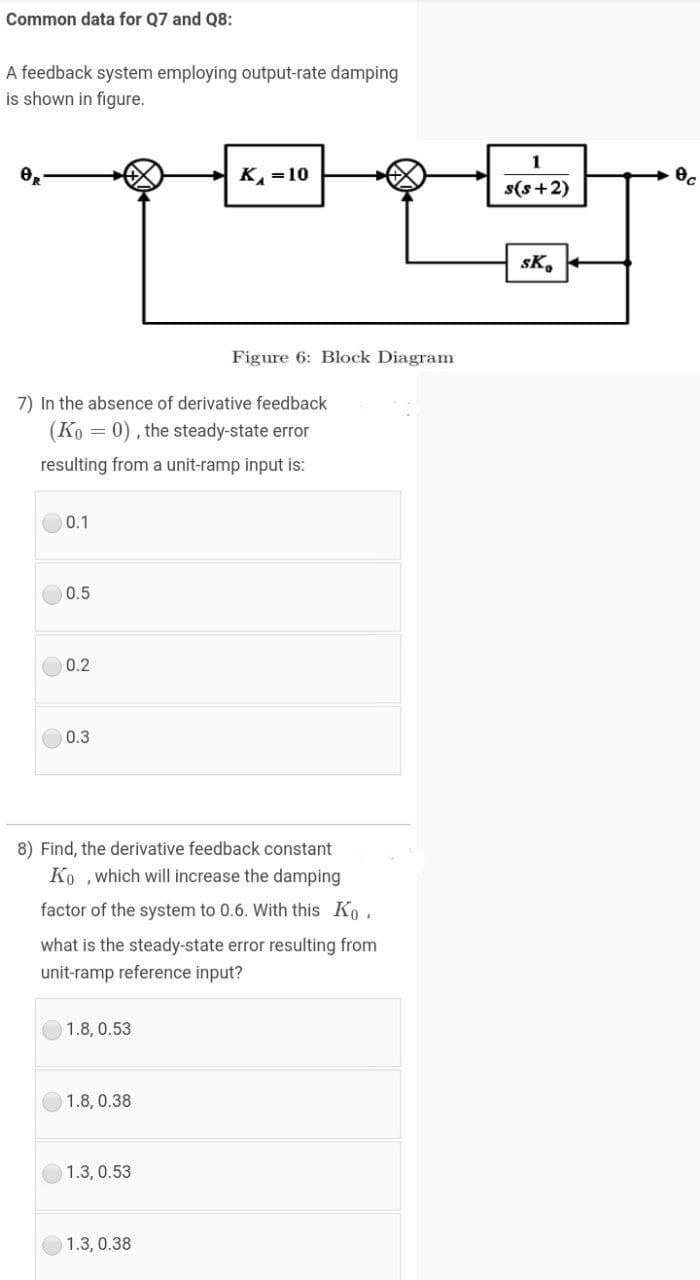 Common data for Q7 and Q8:
A feedback system employing output-rate damping
is shown in figure.
1
K =10
s(s+2)
sK,
Figure 6: Block Diagram
7) In the absence of derivative feedback
(Ko = 0), the steady-state error
resulting from a unit-ramp input is:
0.1
0.5
0.2
0.3
8) Find, the derivative feedback constant
Ko ,which will increase the damping
factor of the system to 0.6. With this Ko,
what is the steady-state error resulting from
unit-ramp reference input?
1.8, 0.53
1.8, 0.38
1.3, 0.53
1.3, 0.38
