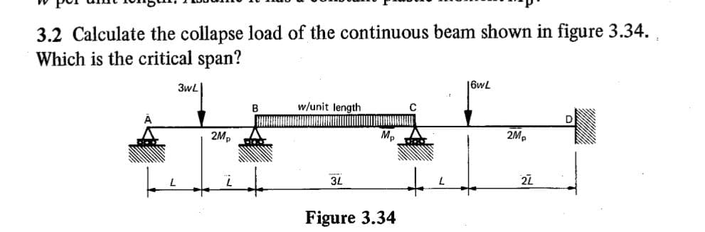 3.2 Calculate the collapse load of the continuous beam shown in figure 3.34.,
Which is the critical span?
3wL
16wL
B
w/unit length
D
2M,
Mp
2M.
t.
3L
27
Figure 3.34
