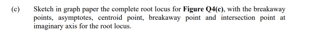 Sketch in graph paper the complete root locus for Figure Q4(c), with the breakaway
points, asymptotes, centroid point, breakaway point and intersection point at
imaginary axis for the root locus.
(c)
