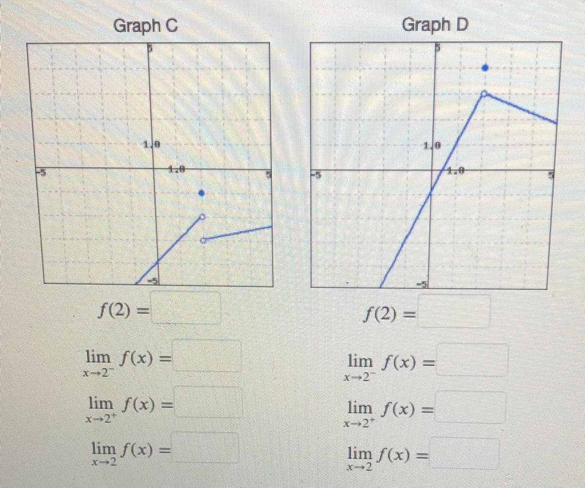 Graph C
Graph D
1,0
1,0
f(2) =
f(2) =
lim f(x) =
lim f(x) =
%3D
X-2
文2
lim f(x) =
lim f(x) =
X2
xー2"
lim f(x) =
lim f(x) =
%3D

