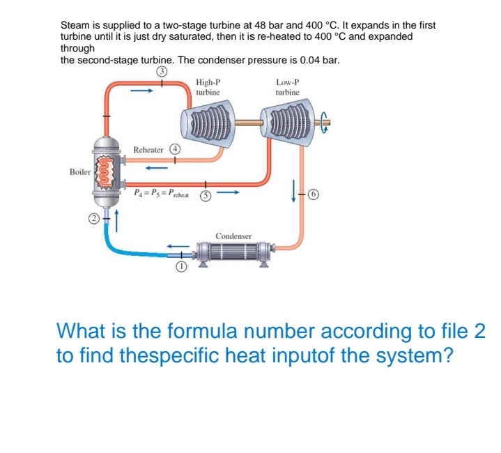 Steam is supplied to a two-stage turbine at 48 bar and 400 °C. It expands in the first
turbine until it is just dry saturated, then it is re-heated to 400 °C and expanded
through
the second-stage turbine. The condenser pressure is 0.04 bar.
High-P
turbine
Low-P
turbine
Reheater
Boiler
P4 = P3 = Prcheat
Condenser
一
What is the formula number according to file 2
to find thespecific heat inputof the system?
