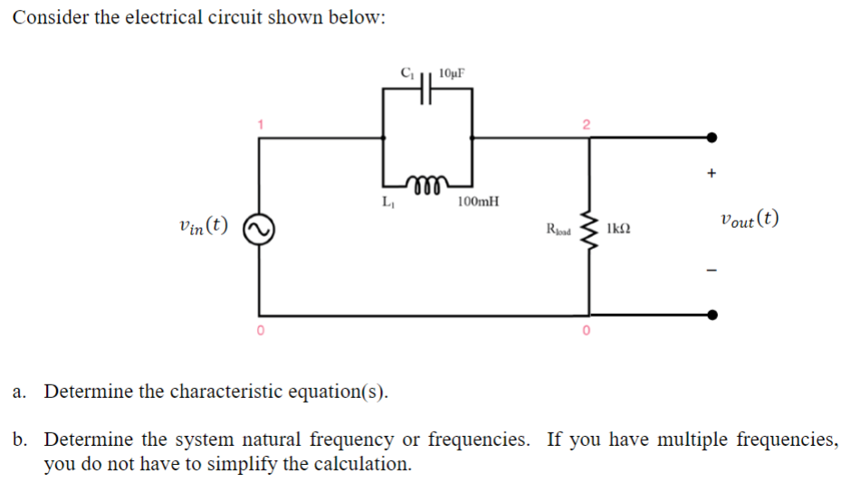 Consider the electrical circuit shown below:
Vin (t)
L₁
C₁ 10μF
100mH
Rood
2
ΙΚΩ
Vout (t)
Determine the characteristic equation(s).
b. Determine the system natural frequency or frequencies. If you have multiple frequencies,
you do not have to simplify the calculation.
