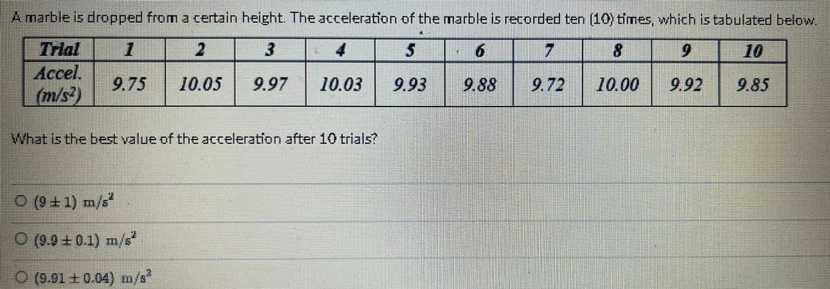 A marble is dropped from a certain height. The acceleration of the marble is recorded ten (10) times, which is tabulated below.
1
3
5
6
7
8
9
10
9.75
10.05 9.97 10.03
9.93
9.88
9.72
10.00
9.92
Accel.
(m/s²)
What is the best value of the acceleration after 10 trials?
Ⓒ (9+1) m/s²
O (9.9 ± 0.1) m/s²
(9.91 +0.04) m/s²
9.85