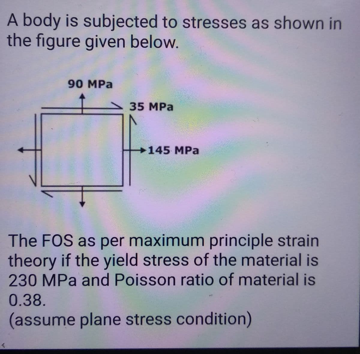A body is subjected to stresses as shown in
the figure given below.
90 MPa
35 MPa
145 MPa
The FOS as per maximum principle strain
theory if the yield stress of the material is
230 MPa and Poisson ratio of material is
0.38.
(assume plane stress condition)