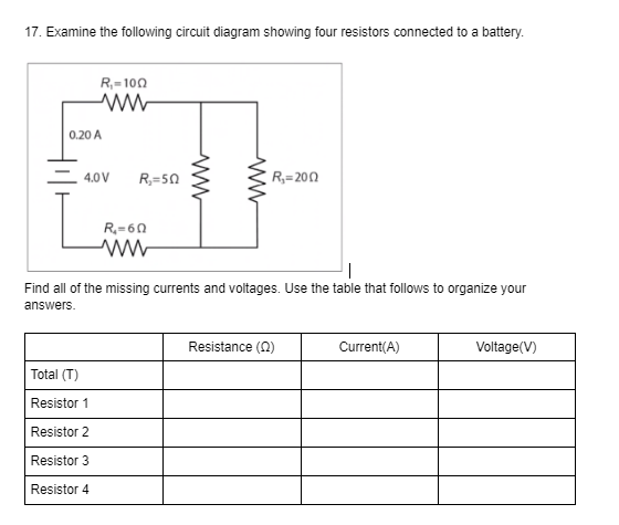 17. Examine the following circuit diagram showing four resistors connected to a battery.
R,=100
0.20 A
4.0 V
R,=50
R;=200
R,=60
Find all of the missing currents and voltages. Use the table that follows to organize your
answers.
Resistance (0)
Current(A)
Voltage(V)
Total (T)
Resistor 1
Resistor 2
Resistor 3
Resistor 4
