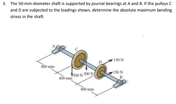 3. The 50-mm-diameter shaft is supported by journal bearings at A and B. If the pulleys C
and D are subjected to the loadings shown, determine the absolute maximum bending
stress in the shaft.
150 N
400 mm
150 N
300 N 300 N
400 mm
400 mm
