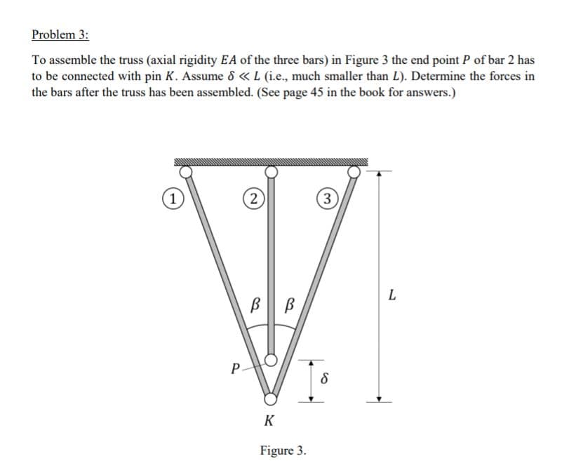 To assemble the truss (axial rigidity EA of the three bars) in Figure 3 the end point P of bar 2 has
to be connected with pin K. Assume 8 «L (i.e., much smaller than L). Determine the forces in
the bars after the truss has been assembled. (See page 45 in the book for answers.)
(2)
(3
L
K
P.
