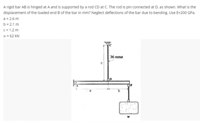 A rigid bar AB is hinged at A and is supported by a rod CD at C. The rod is pin connected at D, as shown. What is the
displacement of the loaded end B of the bar in mm? Neglect deflections of the bar due to bending. Use E=200 GPa.
= 2.6 m
a
b = 2.1 m
c = 1.2 m
w = 62 kN
с
36 mme
B