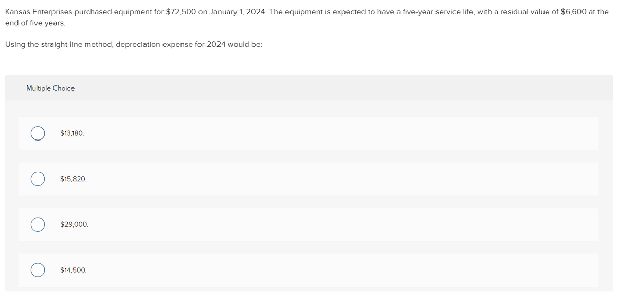 Kansas Enterprises purchased equipment for $72,500 on January 1, 2024. The equipment is expected to have a five-year service life, with a residual value of $6,600 at the
end of five years.
Using the straight-line method, depreciation expense for 2024 would be:
Multiple Choice
$13,180.
$15,820.
$29,000.
$14,500.