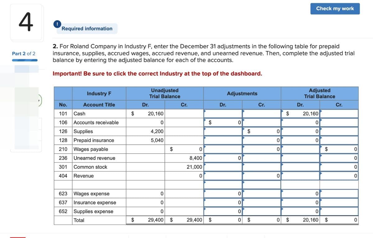 4
Part 2 of 2
;)
!
Required information
2. For Roland Company in Industry F, enter the December 31 adjustments in the following table for prepaid
insurance, supplies, accrued wages, accrued revenue, and unearned revenue. Then, complete the adjusted trial
balance by entering the adjusted balance for each of the accounts.
Important! Be sure to click the correct Industry at the top of the dashboard.
Industry F
Account Title
No.
101
Cash
106 Accounts receivable
126 Supplies
128 Prepaid insurance
210 Wages payable
236
301
404
Unearned revenue
Common stock
Revenue
623 Wages expense
Insurance exper
637
652 Supplies expense
Total
$
$
Dr.
Unadjusted
Trial Balance
20,160
0
4,200
5,040
0
0
0
29,400
$
$
Cr.
0
8,400
21,000
0
$
29,400 $
Dr.
Adjustments
0
0
0
0
0
0
$
$
Cr.
0
0
0
0
>
$
$
Check my work
Dr.
Adjusted
Trial Balance
20,160
0
0
0
0
0
0
20,160
$
$
Cr.
0
0
0
0
0