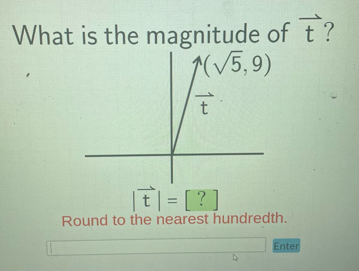 What is the magnitude of t?
1(√5,9)
t
t = [?]
Round to the nearest hundredth.
Enter