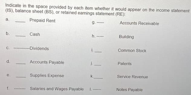Indicate in the space provided by each item whether it would appear on the income statement
(IS), balance sheet (BS), or retained earnings statement (RE):
a.
Prepaid Rent
g. ---
Accounts Receivable
b.
Cash
h. -----
Building
C.
--Dividends
Common Stock
d.
Accounts Payable
Patents
е.
Supplies Expense
k.
Service Revenue
f.
Salaries and Wages Payable
Notes Payable
