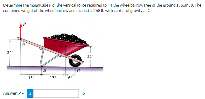 Determine the magnitude P of the vertical force required to lift the wheelbarrow free of the ground at point B. The
combined weight of the wheelbarrow and its load is 268 Ib with center of gravity at G.
24"
22"
B.
15"
17"
Answer: P =
Ib
