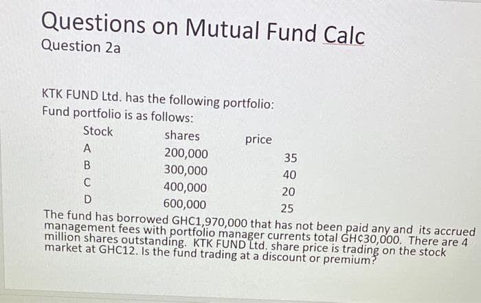 Questions on Mutual Fund Calc
Question 2a
KTK FUND Ltd. has the following portfolio:
Fund portfolio is as follows:
Stock
shares
200,000
300,000
price
A
B
C
20
D
25
The fund has borrowed GHC1,970,000 that has not been paid any and its accrued
management fees with portfolio manager currents total GHC30,000. There are 4
million shares outstanding. KTK FUND Ltd. share price is trading on the stock
market at GHC12. Is the fund trading at a discount or premium?
400,000
600,000
35
40