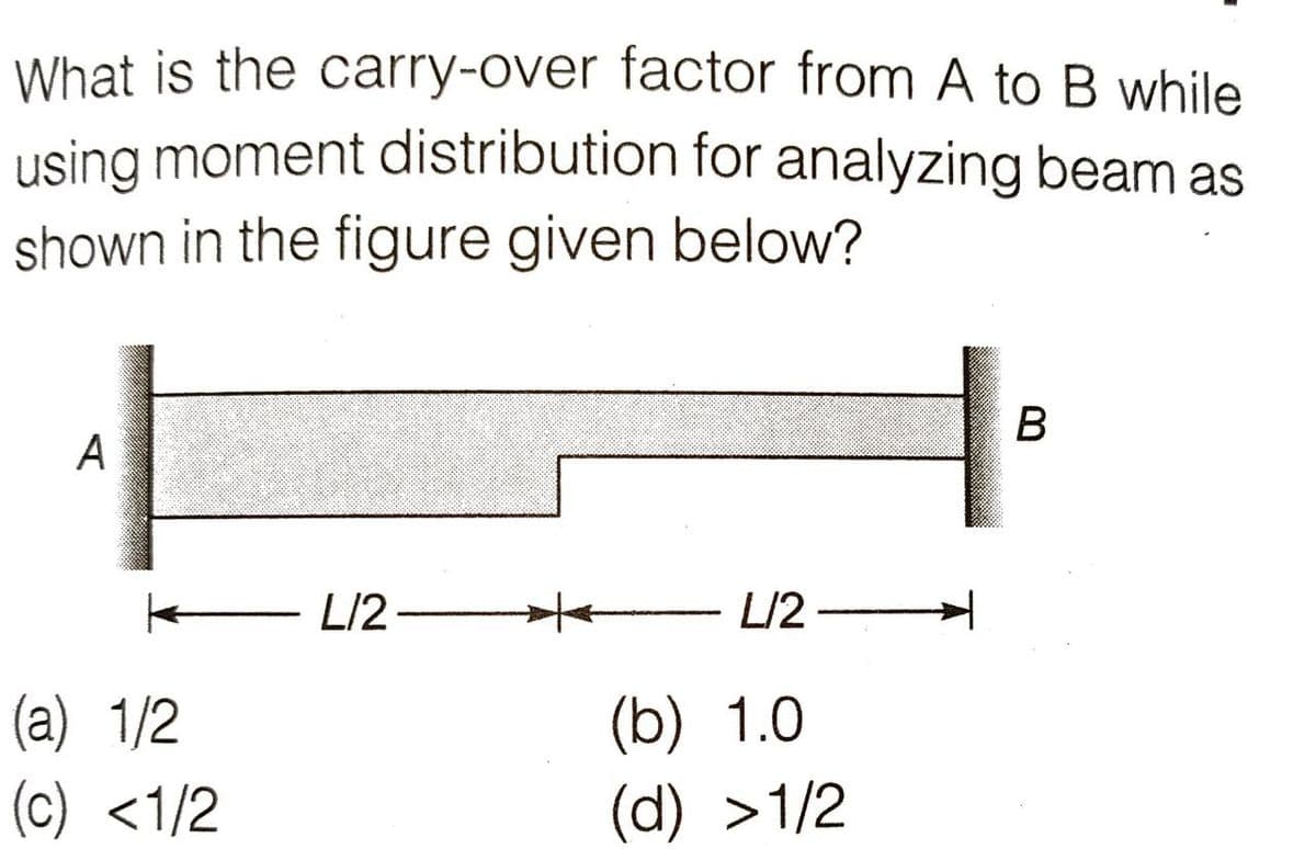 What is the carry-over factor from A to B while
using moment distribution for analyzing beam as
shown in the figure given below?
В
A
k L/2-
te
L/2 -
(a) 1/2
(c) <1/2
(b) 1.0
(d) >1/2
