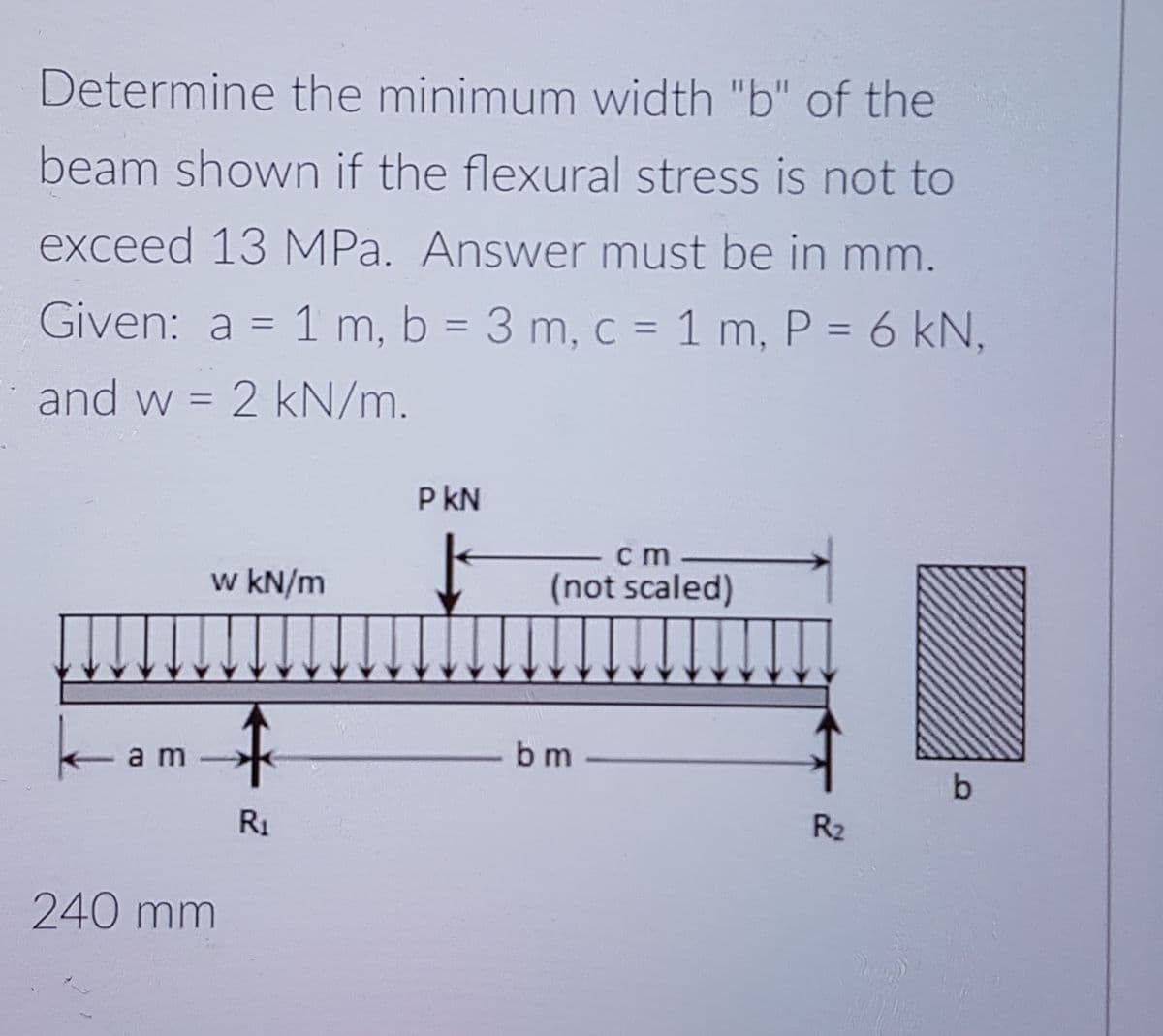 Determine the minimum width "b" of the
beam shown if the flexural stress is not to
exceed 13 MPa. Answer must be in mm.
Given: a = 1 m, b = 3 m, c = 1 m, P = 6 kN,
%3D
%3D
and w = 2 kN/m.
%3D
P kN
w kN/m
c m
(not scaled)
komf
a m
b m
R1
R2
240 mm
