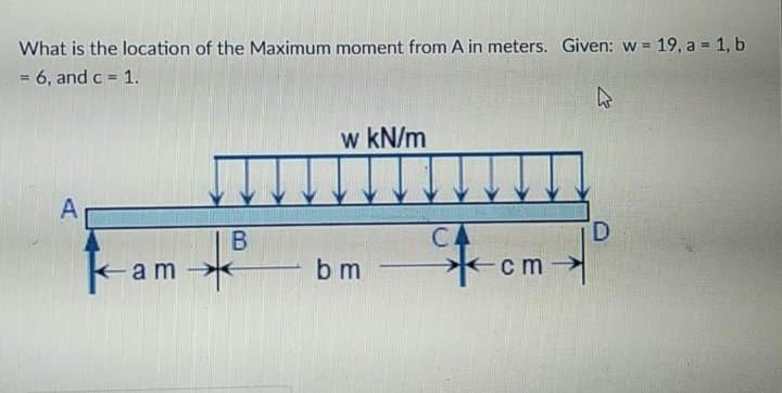 What is the location of the Maximum moment from A in meters. Given: w = 19, a 1, b
= 6, and c = 1.
%3!
w kN/m
A
D.
Kam
CA
c m
b m
