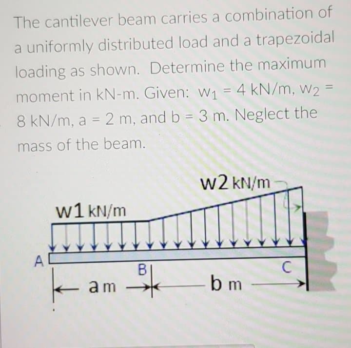 The cantilever beam carries a combination of
a uniformly distributed load and a trapezoidal
loading as shown. Determine the maximum
%3D
moment in kN-m. Given: w1 = 4 kN/m, w2
8 kN/m, a = 2 m, and b = 3 m. Neglect the
%3D
%3D
mass of the beam.
w2 kN/m
w1 kN/m
A
am
b m
