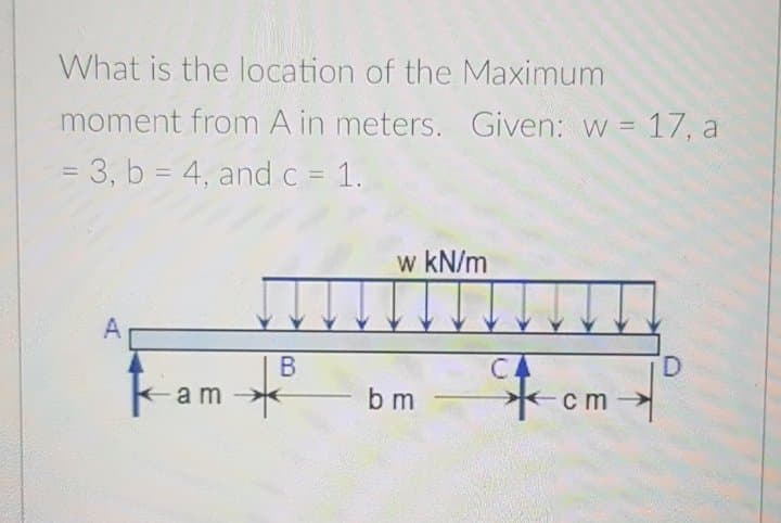 What is the location of the Maximum
moment from A in meters. Given: w = 17, a
= 3, b = 4, and c = 1.
%3D
%3D
w kN/m
CA
D.
kam
rom
b m
