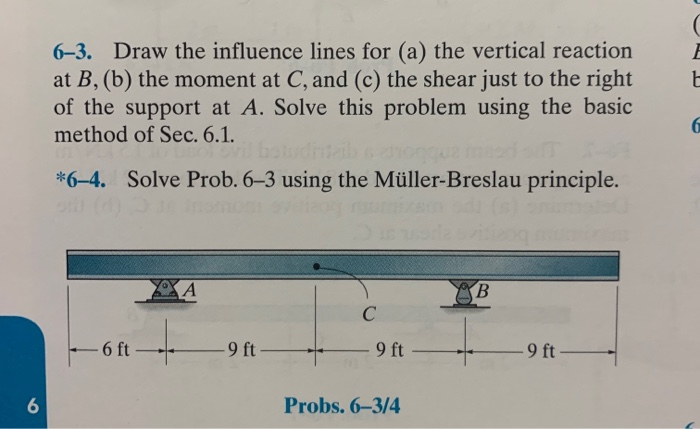 6
6-3. Draw the influence lines for (a) the vertical reaction
at B, (b) the moment at C, and (c) the shear just to the right
of the support at A. Solve this problem using the basic
method of Sec. 6.1.
*6-4. Solve Prob. 6-3 using the Müller-Breslau principle.
6 ft
A
-9 ft
C
9 ft-
Probs. 6-3/4
B
-9 ft-
E
E
6