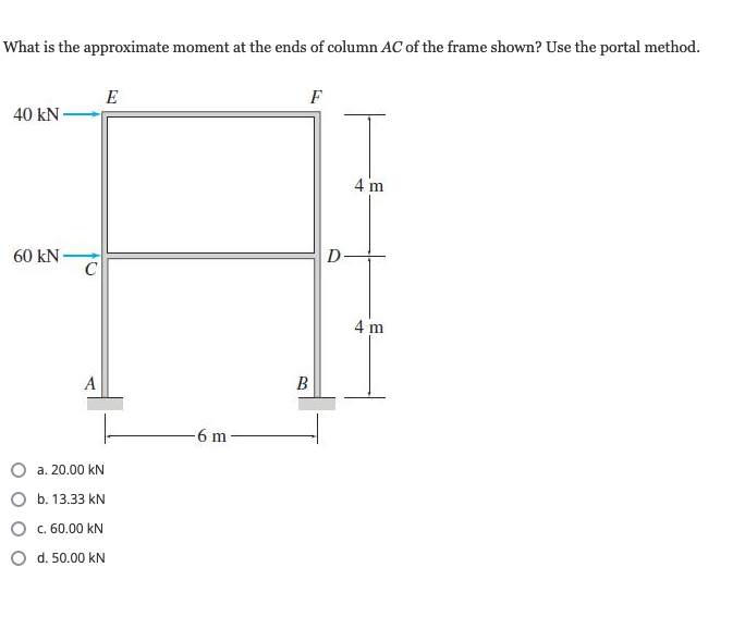 What is the approximate moment at the ends of column AC of the frame shown? Use the portal method.
40 kN
60 kN
C
A
E
a. 20.00 kN
b. 13.33 kN
c. 60.00 KN
d. 50.00 KN
6 m
F
B
D
4 m
4 m