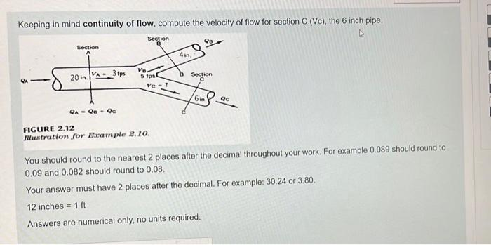 Keeping in mind continuity of flow, compute the velocity of flow for section C (Vc), the 6 inch pipe.
4
Section
20 in 3 fps
QA Qe Qc
Section
Vo.
5 fps
ते
Vc = 1
FIGURE 2.12
Illustration for Example 2.10.
4 in
98
Section
с
6in.
Qc
You should round to the nearest 2 places after the decimal throughout your work. For example 0.089 should round to
0.09 and 0.082 should round to 0.08.
Your answer must have 2 places after the decimal. For example: 30.24 or 3.80.
12 inches 1 ft
Answers are numerical only, no units required.