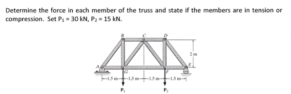 Determine the force in each member of the truss and state if the members are in tension or
compression. Set P₁ = 30 kN, P₂ = 15 kN.
MA
15m-1.5m-1.5 m 1.5 m-
P₁
P₂
2m