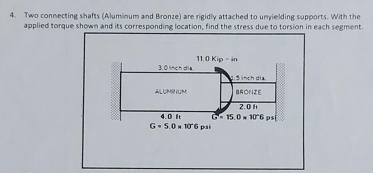 4. Two connecting shafts (Aluminum and Bronze) are rigidly attached to unyielding supports. With the
applied torque shown and its corresponding location, find the stress due to torsion in each segment.
3.0 inch dia.
ALUMINUM
11.0 Kip - in
4.0 ft
G = 5.0 x 10'6 psi
1.5 inch dia.
BRONZE
2.0 fi
G= 15.0 x 106 ps
