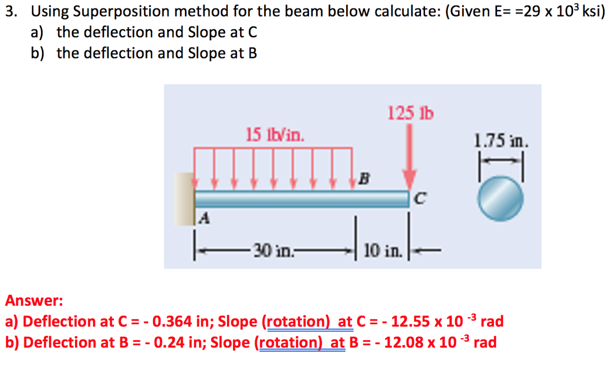 3. Using Superposition method for the beam below calculate: (Given E= =29 x 10³ ksi)
a) the deflection and Slope at C
b) the deflection and Slope at B
15 lb/in.
-30 in.-
B
125 lb
10 in.
с
1.75 in.
H
Answer:
a) Deflection at C = -0.364 in; Slope (rotation) at C = - 12.55 x 10 -³ rad
b) Deflection at B = -0.24 in; Slope (rotation) at B = - 12.08 x 10 -³ rad