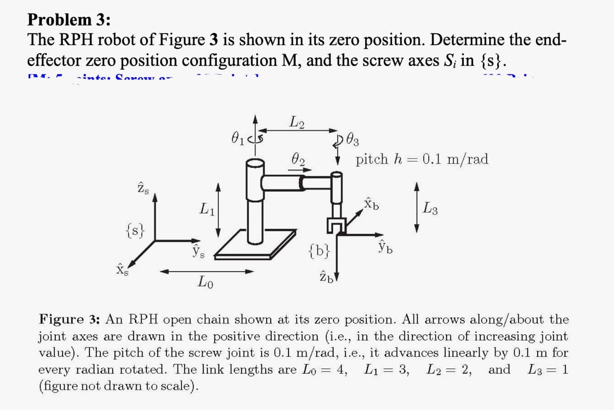 Problem 3:
The RPH robot of Figure 3 is shown in its zero position. Determine the end-
effector zero position configuration M, and the screw axes S; in {s}.
n. F -inta. Sorowo-
Zs
{s}
Xs
L₁
ŷs
Lo
0₁5
L2
02
{b}
zb
103
pitch h = 0.1 m/rad
Ấb
ŷb
L3
Figure 3: An RPH open chain shown at its zero position. All arrows along/about the
joint axes are drawn in the positive direction (i.e., in the direction of increasing joint
value). The pitch of the screw joint is 0.1 m/rad, i.e., it advances linearly by 0.1 m for
every radian rotated. The link lengths are Lo = 4, L₁= 3, L2= 2, and L3= 1
(figure not drawn to scale).