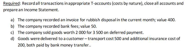 Required: Record all transactions in appropriate T-accounts (costs by nature), close all accounts and
prepare an Income Statement.
a) The company recorded an invoice for rubbish disposal in the current month; value 400.
b) The company recorded bank fees; value 50.
c) The company sold goods worth 2 000 for 3 500 on deferred payment.
d) Goods were delivered to a customer – transport cost 500 and additional insurance cost of
200, both paid by bank money transfer..
