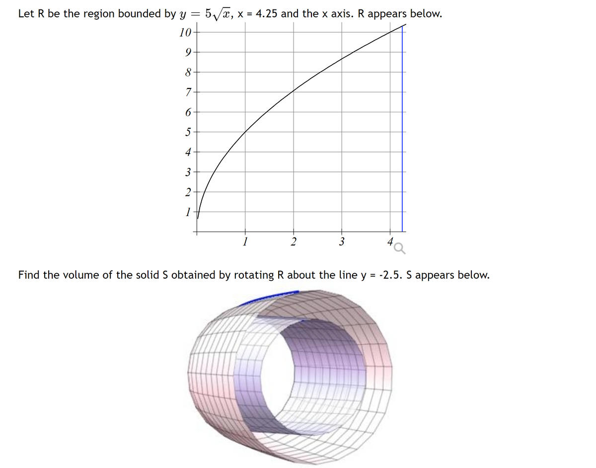 Let R be the region bounded by y = 5/x, x = 4.25 and the x axis. R appears below.
10
8
7
6
4
3
2
1
1
2
3
4
Find the volume of the solid S obtained by rotating R about the line y = -2.5. S appears below.
