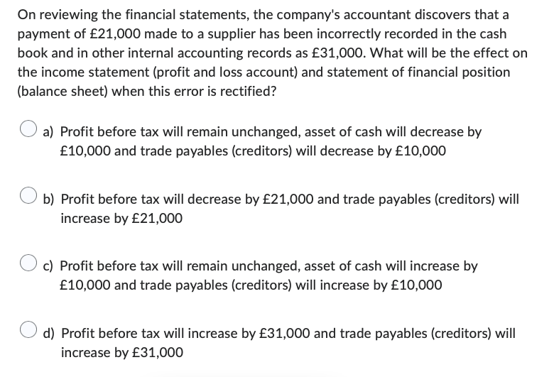 On reviewing the financial statements, the company's accountant discovers that a
payment of £21,000 made to a supplier has been incorrectly recorded in the cash
book and in other internal accounting records as £31,000. What will be the effect on
the income statement (profit and loss account) and statement of financial position
(balance sheet) when this error is rectified?
a) Profit before tax will remain unchanged, asset of cash will decrease by
£10,000 and trade payables (creditors) will decrease by £10,000
b) Profit before tax will decrease by £21,000 and trade payables (creditors) will
increase by £21,000
c) Profit before tax will remain unchanged, asset of cash will increase by
£10,000 and trade payables (creditors) will increase by £10,000
d) Profit before tax will increase by £31,000 and trade payables (creditors) will
increase by £31,000