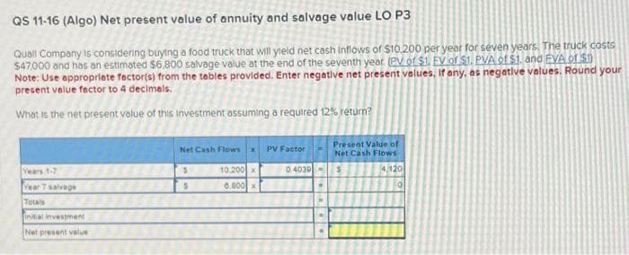 QS 11-16 (Algo) Net present value of annuity and salvage value LO P3
Quall Company is considering buying a food truck that will yield net cash inflows of $10.200 per year for seven years. The truck costs
$47,000 and has an estimated $6,800 salvage value at the end of the seventh year (PV of $1. EV of $1. PVA of $1. and FVA of $1)
Note: Use appropriate factor(s) from the tables provided. Enter negative net present values, If any, as negative values. Round your
present value factor to 4 decimals.
What is the net present value of this investment assuming a required 12% return?
Years 1-7
Year 7 salvage
Totals
Initial investment
Net present value
Net Cash Flows
S
S
10.200 x
6,800x
PV Factor
0.4030-
..
Present Value of
Net Cash Flows
$
4,120
0