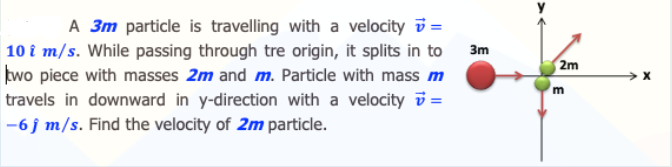 A 3m particle is travelling with a velocity i =
10 î m/s. While passing through tre origin, it splits in to
kwo piece with masses 2m and m. Particle with mass m
travels in downward in y-direction with a velocity i =
-6 j m/s. Find the velocity of 2m particle.
3m
2m
m
