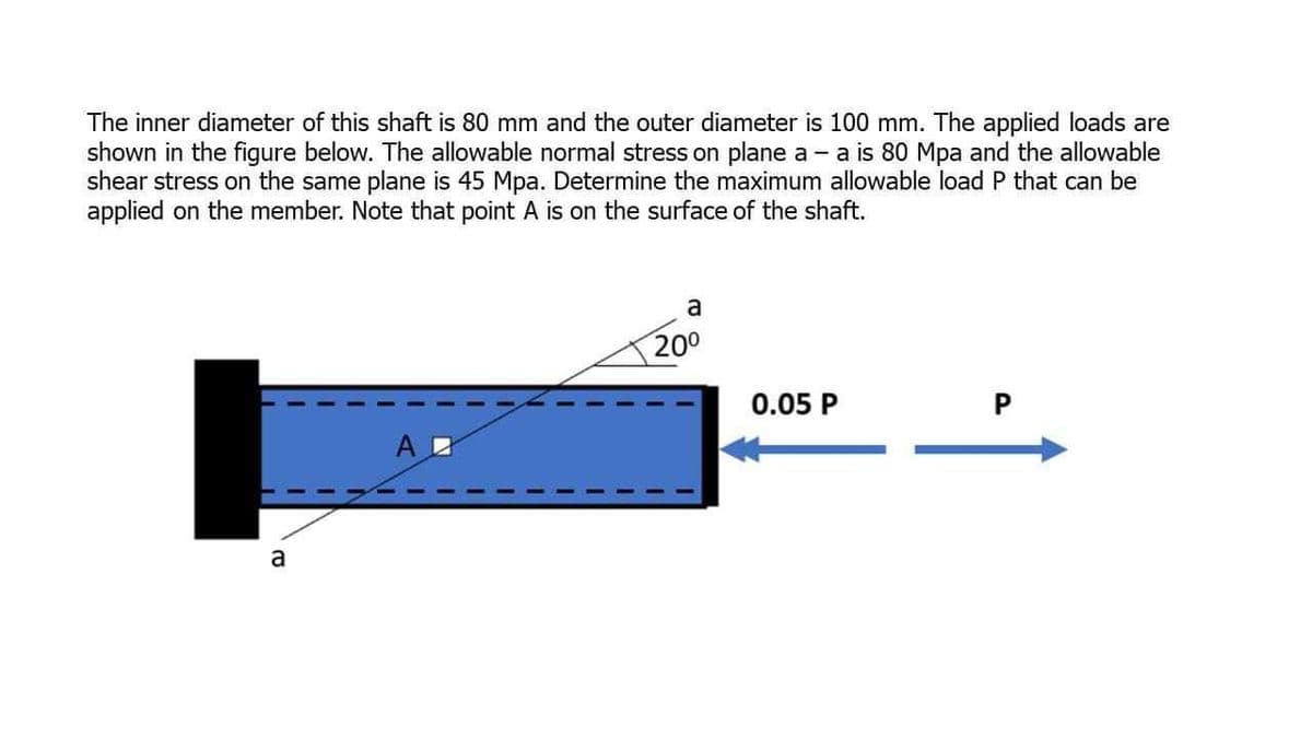 The inner diameter of this shaft is 80 mm and the outer diameter is 100 mm. The applied loads are
shown in the figure below. The allowable normal stress on plane a - a is 80 Mpa and the allowable
shear stress on the same plane is 45 Mpa. Determine the maximum allowable load P that can be
applied on the member. Note that point A is on the surface of the shaft.
a
ΑΖ
a
20⁰
0.05 P