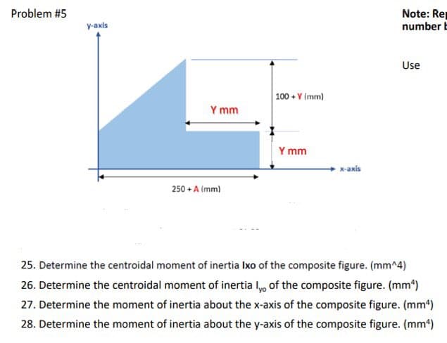 Problem #5
y-axis
100+ Y (mm)
Y mm
x-axis
250 + A (mm)
25. Determine the centroidal moment of inertia Ixo of the composite figure. (mm^4)
26. Determine the centroidal moment of inertial of the composite figure. (mm²)
27. Determine the moment of inertia about the x-axis of the composite figure. (mm²)
28. Determine the moment of inertia about the y-axis of the composite figure. (mm²)
Ymm
Note: Re
number b
Use