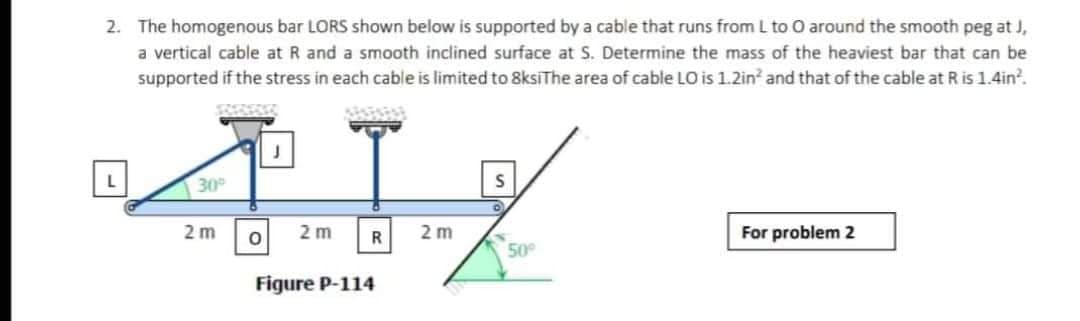 2. The homogenous bar LORS shown below is supported by a cable that runs from L to O around the smooth peg at J,
a vertical cable at R and a smooth inclined surface at S. Determine the mass of the heaviest bar that can be
supported if the stress in each cable is limited to 8ksiThe area of cable LO is 1.2in² and that of the cable at R is 1.4in².
L
41%
30°
2 m
2m R 2 m
For problem 2
50°
Figure P-114