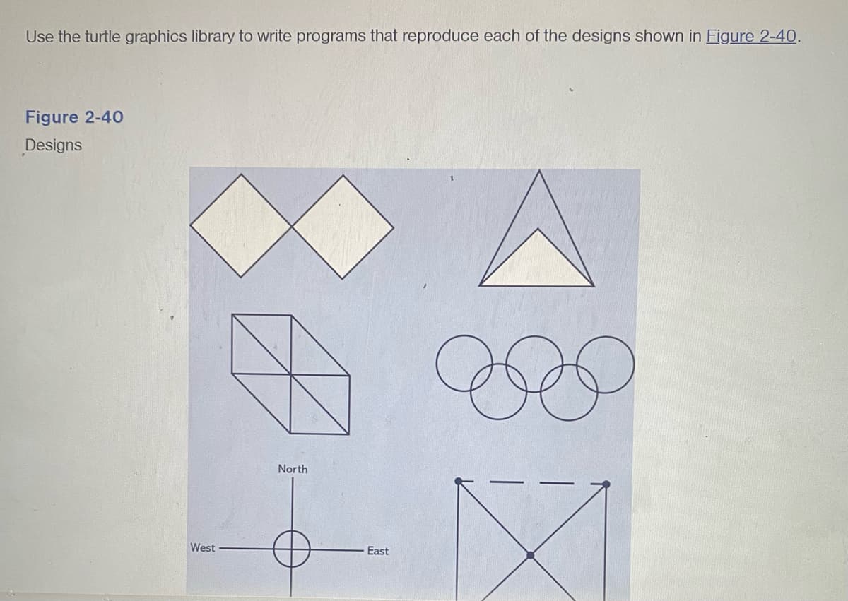 Use the turtle graphics library to write programs that reproduce each of the designs shown in Figure 2-40.
Figure 2-40
Designs
West
North
East
ele
A