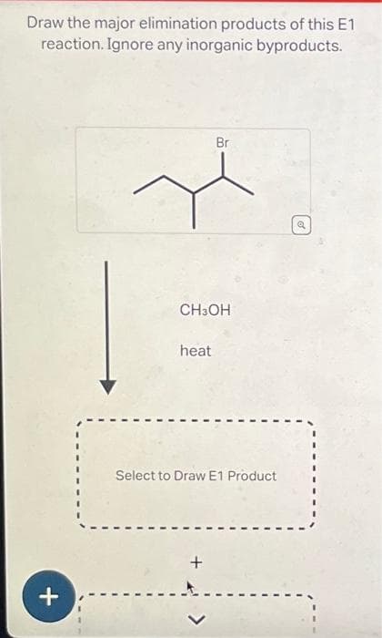 Draw the major elimination products of this E1
reaction. Ignore any inorganic byproducts.
+
Br
CH3OH
heat
Select to Draw E1 Product
Q