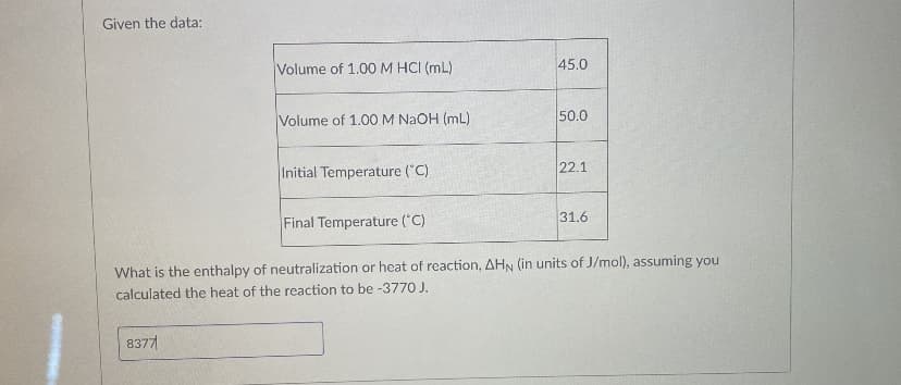 Given the data:
Volume of 1.00 M HCI (mL)
45.0
Volume of 1.00 M NaOH (mL)
50.0
22.1
Initial Temperature ("C)
31.6
Final Temperature ("C)
What is the enthalpy of neutralization or hcat of reaction, AHN (in units of J/mol), assuming you
calculated the heat of the reaction to be -3770 J.
8377

