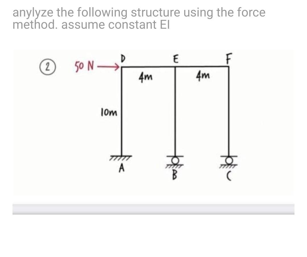 anylyze the following structure using the force
method. assume constant EI
E
50 N>
4m
4m
Tom
A
