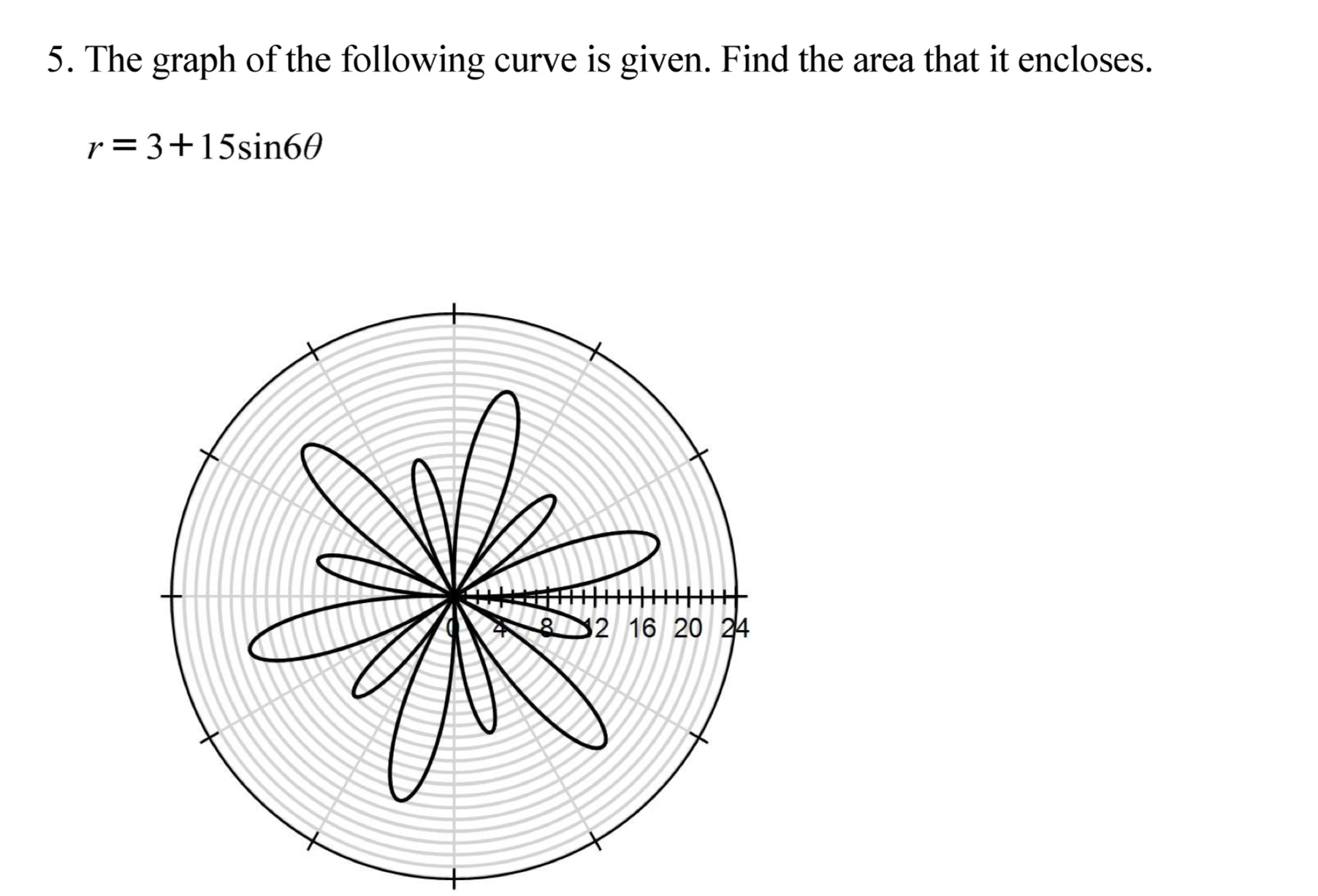 5. The graph of the following curve is given. Find the area that it encloses.
r=3+15sin60
82 16 20 24
