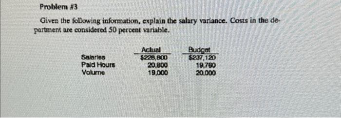 Problem #3
Given the following information, explain the salary variance. Costs in the de-
partment are considered 50 percent variable.
Salaries
Paid Hours
Volume
Actual
$228,800
20,800
19,000
Budget
$237,120
19,760
20,000