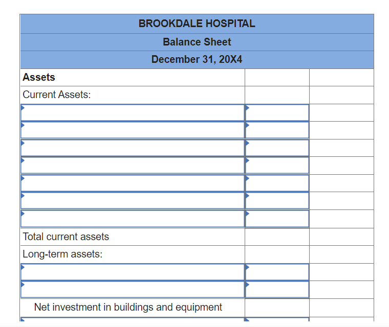 Assets
Current Assets:
Total current assets
Long-term assets:
BROOKDALE HOSPITAL
Balance Sheet
December 31, 20X4
Net investment in buildings and equipment