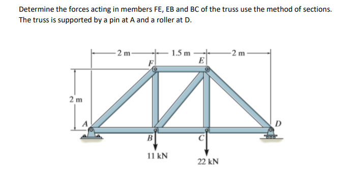 Determine the forces acting in members FE, EB and BC of the truss use the method of sections.
The truss is supported by a pin at A and a roller at D.
- 2 m-
1.5 m
E
-2 m -
2 m
B
11 kN
22 kN
